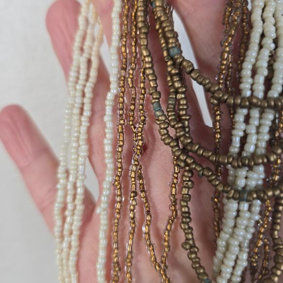 Vintage Beaded Necklace Braided Long Multistrand Cream Bronze Classic Boho Glam - Picture 7 of 12